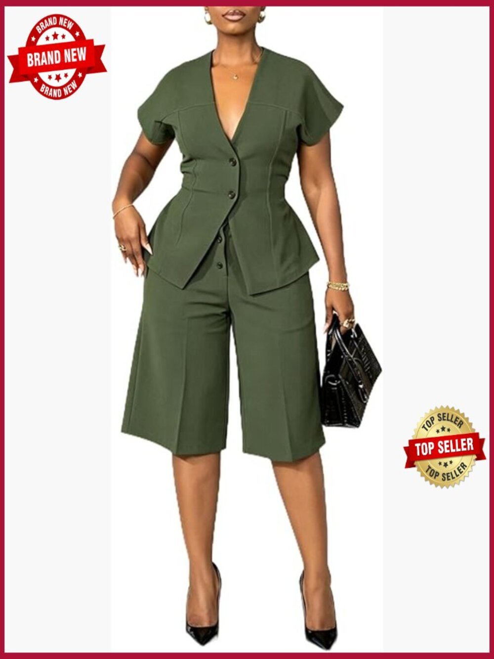 2 Piece Matching Sets Summer Short Sleeve Blazer Knee-Length Pants Suit